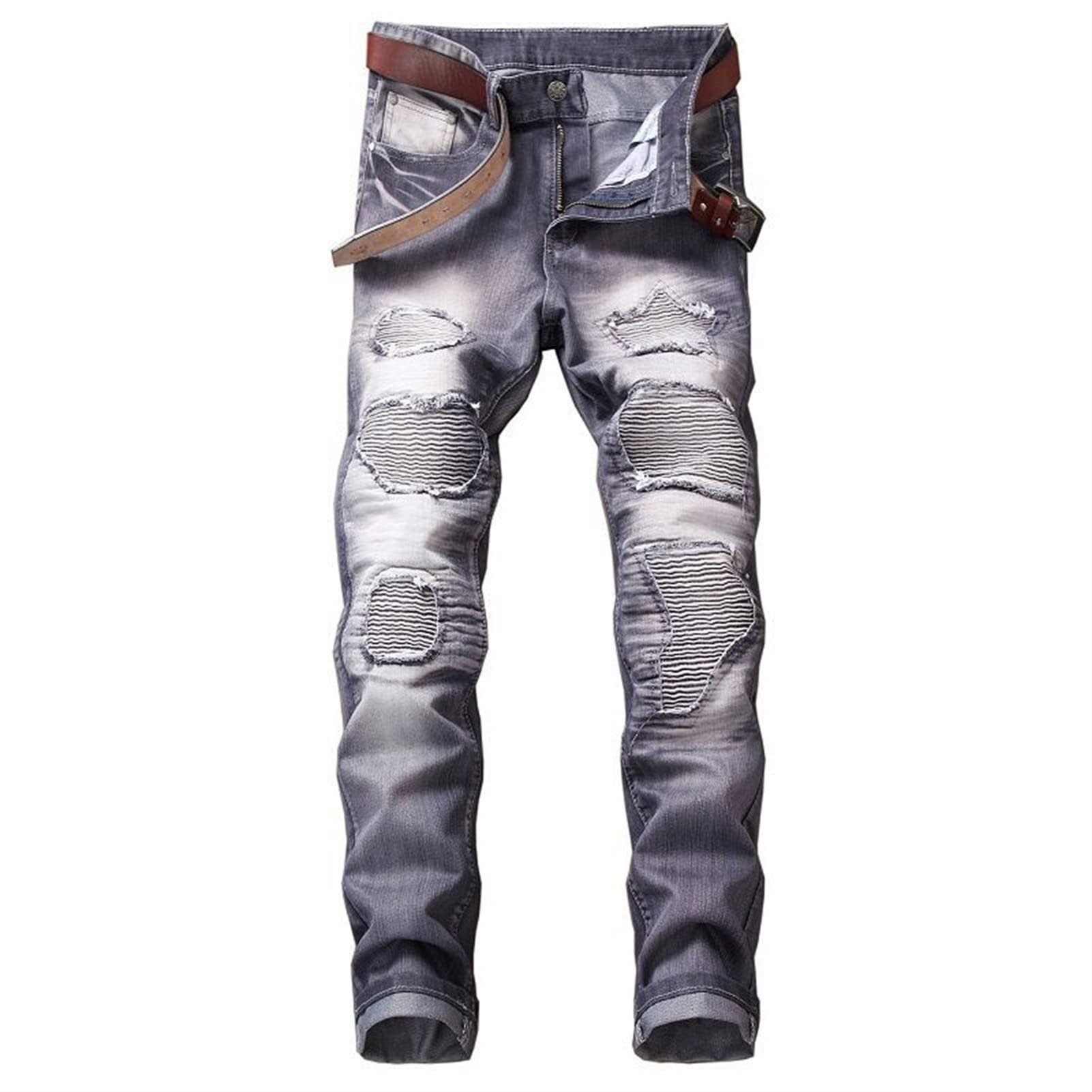 Men's Ripped Patch Biker Jeans Distressed Straight Leg Slim Fit Moto Jean Vintage Washed Destroyed Denim Pants (Light Grey,42)