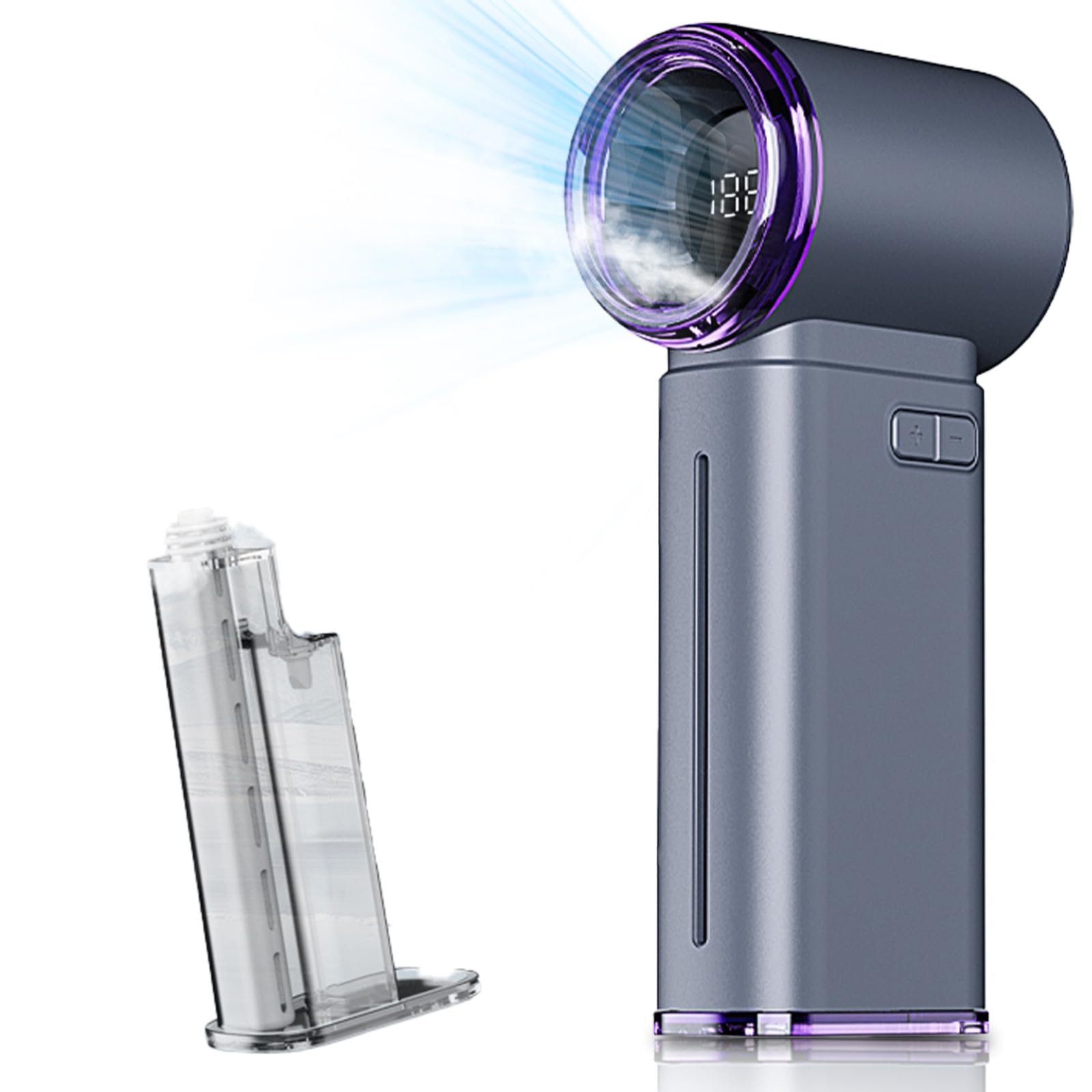 Ventilador portátil de mano con rociador, ventilador de nebulización recargable con tanque de agua, velocidad (1-199) ventiladores de viaje personales ajustables con pantalla digital