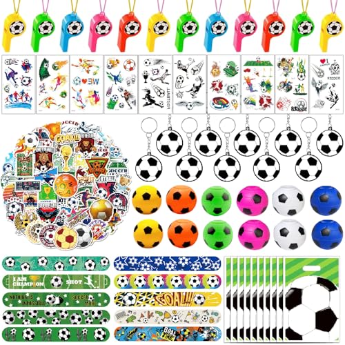 Seamart 114 piezas Artículos de Fiesta Fútbol de Cumpleaños, Regalos para Niños, Relleno Piñata de Cumpleaños con Llavero Futbol, Silbato, Bolsa de Regalo, Fútbol Gyro