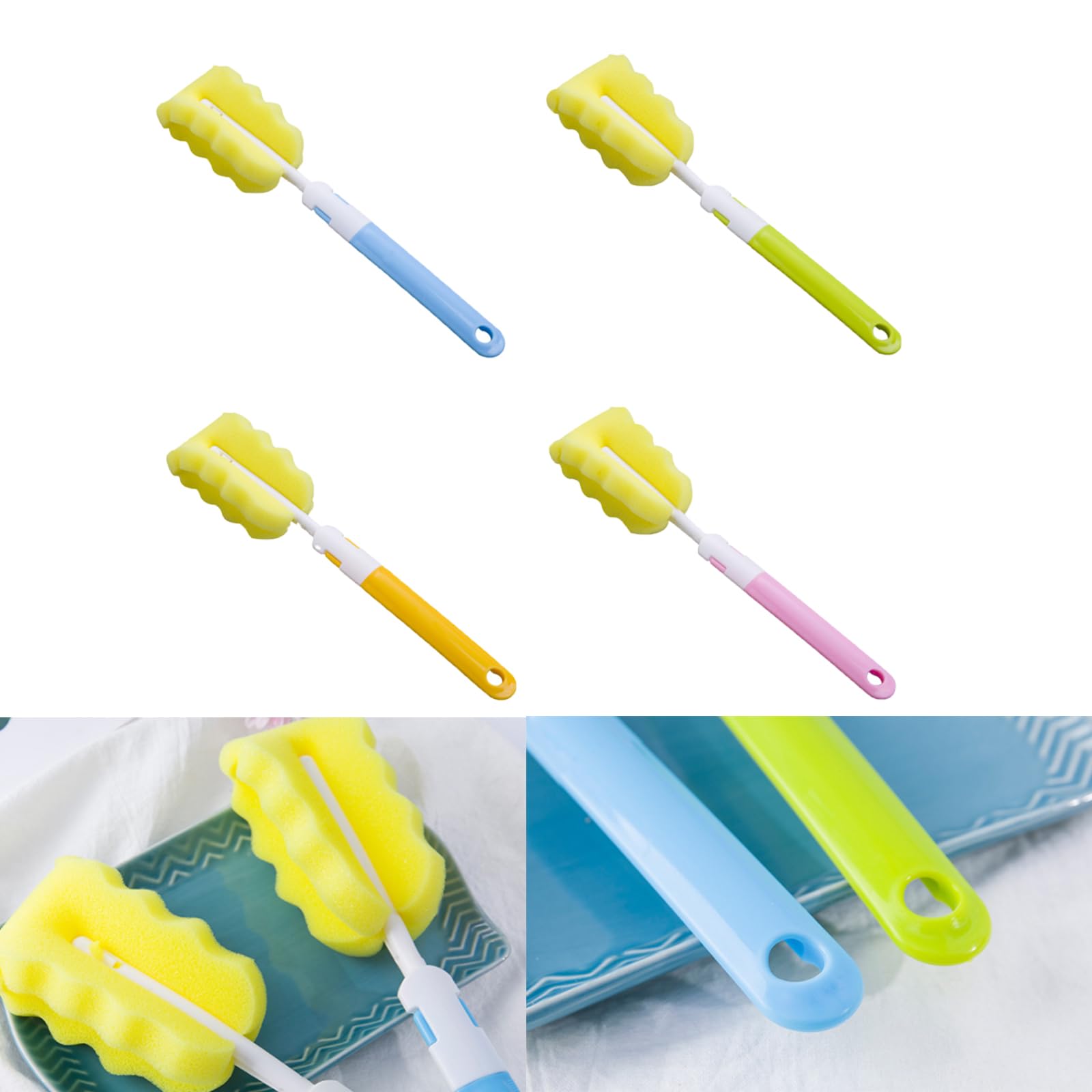 4 Pezzi Spazzola di Bottiglia, Lavabottiglie Pennello, Spazzola per la Pulizia Delle Bottiglie di Spugna, per Tazze e Bollitori (Arancione, Blu, Verde, Rosa)
