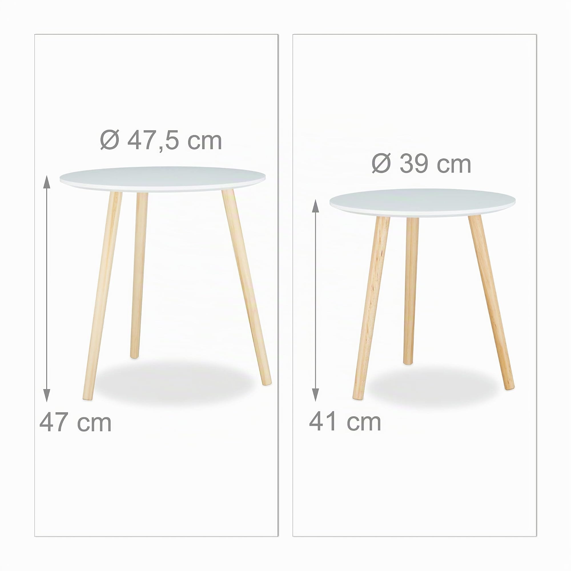 Relaxdays Tavolini da Salotto, Set 2, Stile Scandinavo, Design Anni ‘70, Impilabili, Diametro 39 e 47,5 cm, Bianco