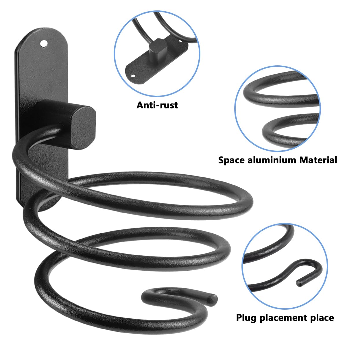 Supporto Asciugacapelli, Porta Phone Bagno da Muro Supporto Asciugacapelli in Alluminio Design a Spirale con Porta Cavo Accessori Bagno, Nero