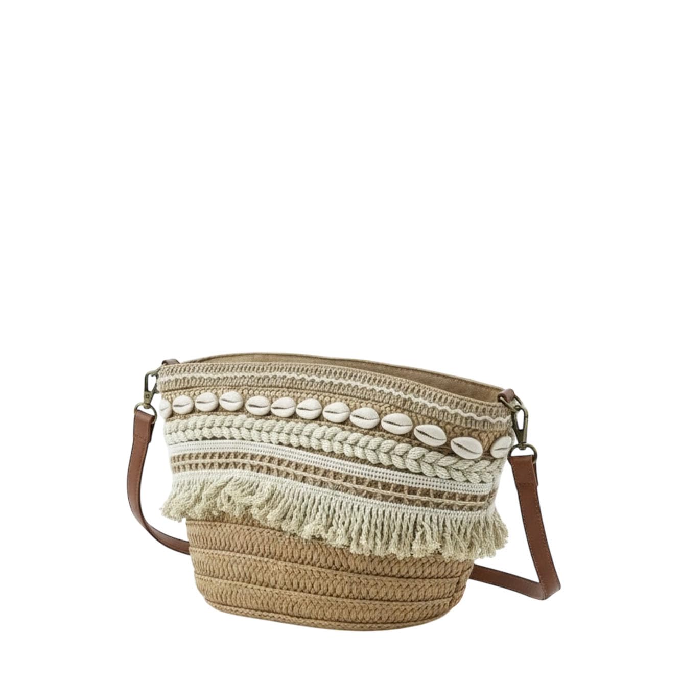 MODELISA - Bolso Bandolera Capazo Rafia Paja Con Conchas Y Flecos Estilo Bohemio Mujer