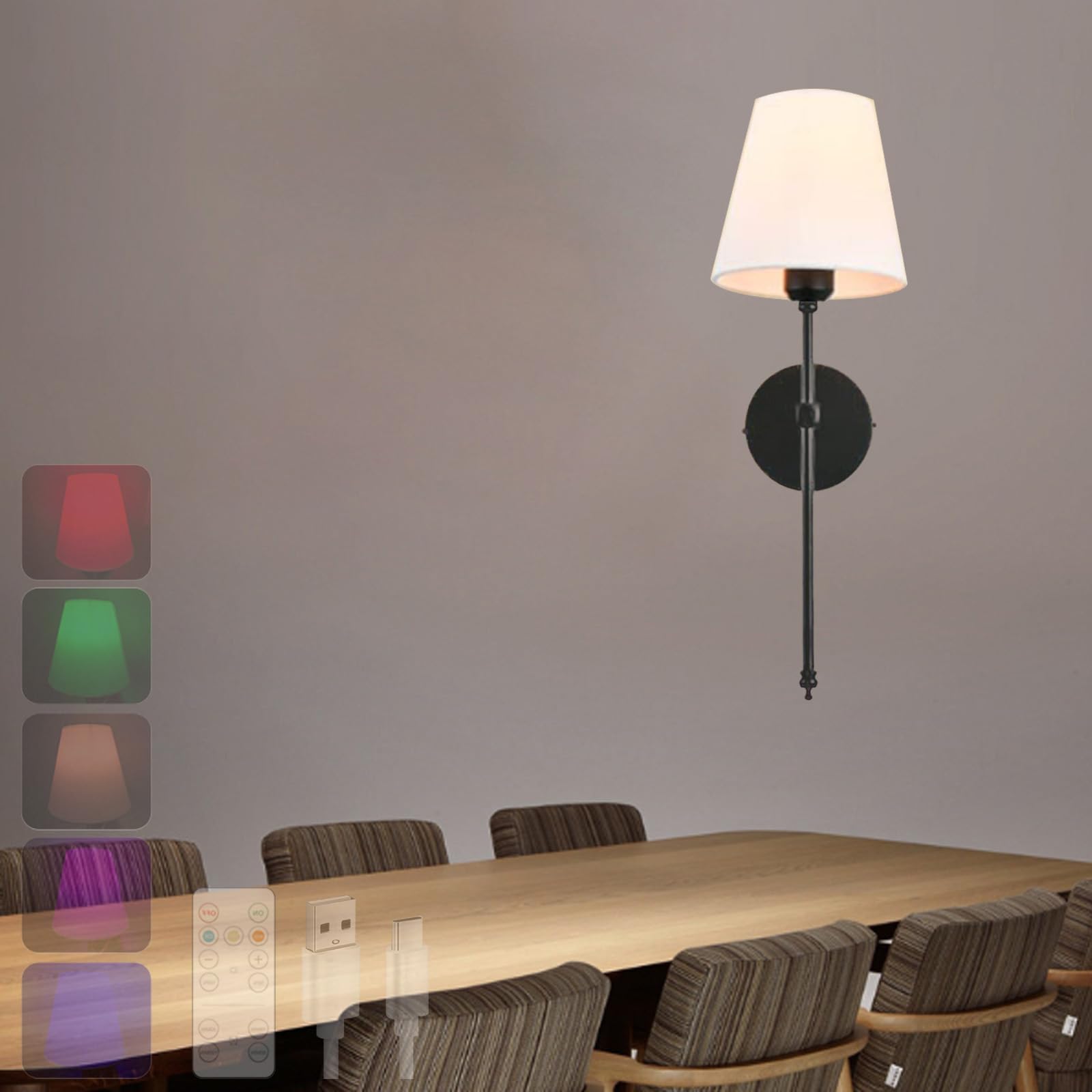 Aplique de pared RGB regulable con bombilla USB recargable y mando para dormitorio 8