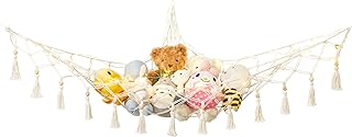 Dahey Stuffed Animal Storage Net Hammock with String Light Wall Corner Hanging Toys Storage Organizer Plush Net Toy Holder Hammock Macrame Tassels Boho Decor for Nursery Kid Playroom Bedroom