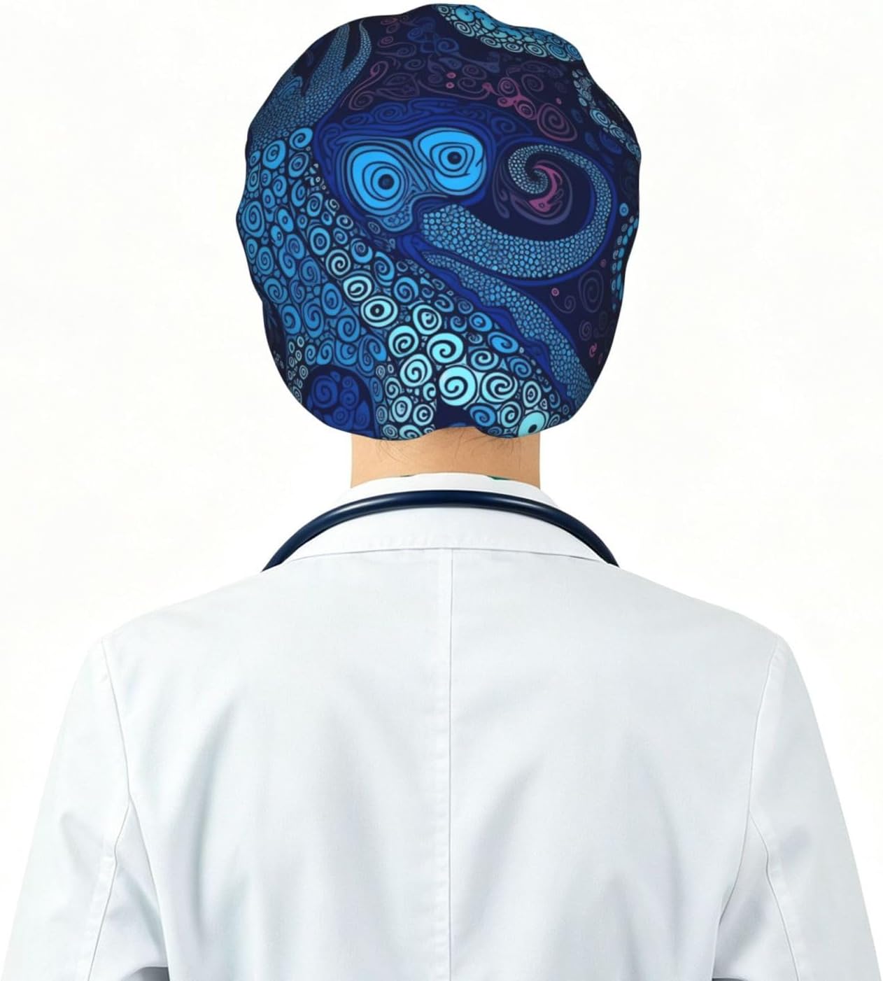 Blue Octopus Bouffant Cap with Buttons, Sweatband Cap