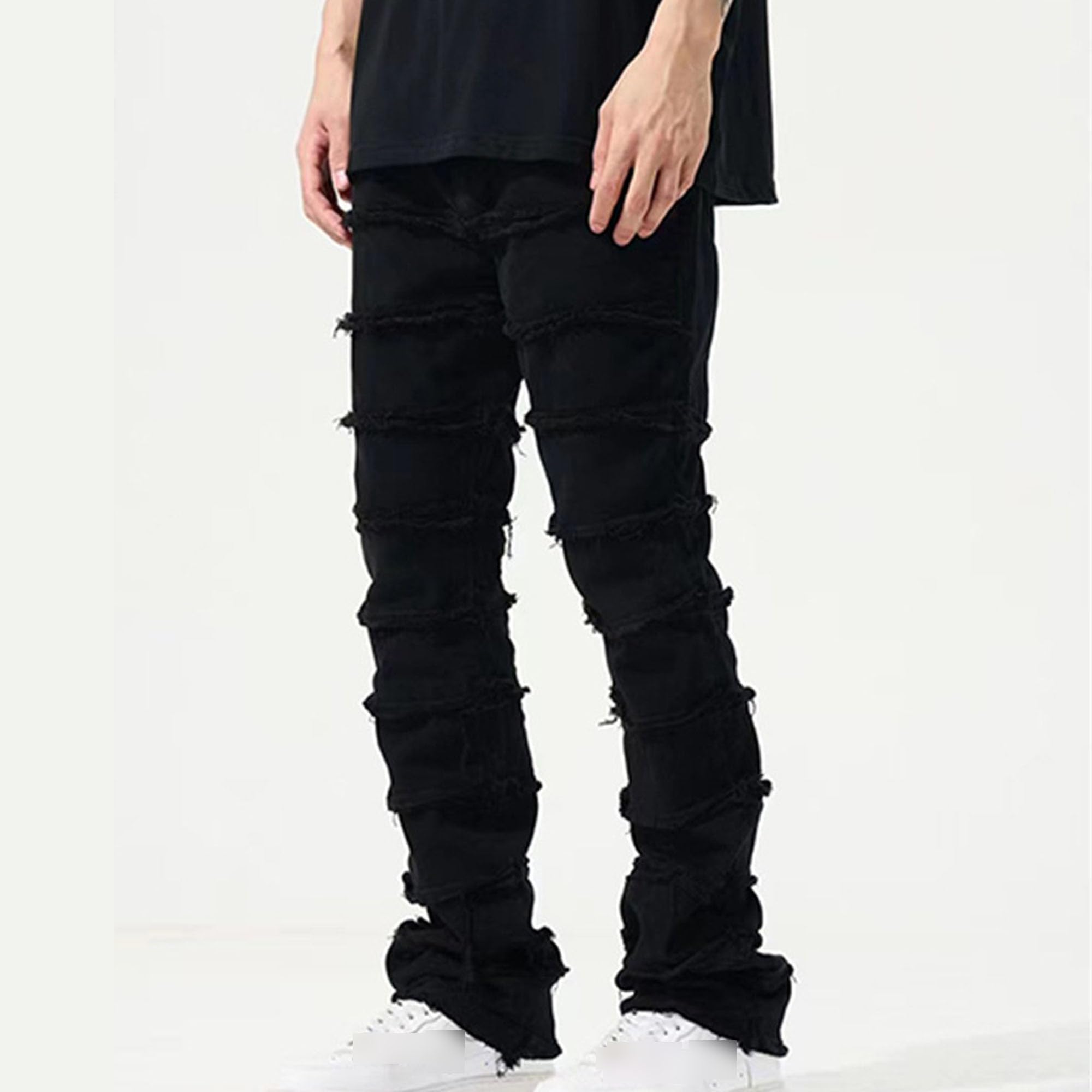 Men's Destroyed Slim-Fit Stacked Jean Regular Stylish Ripped Denim Pant Daily Fit Y2K Pants for Men (Black,X-Large)