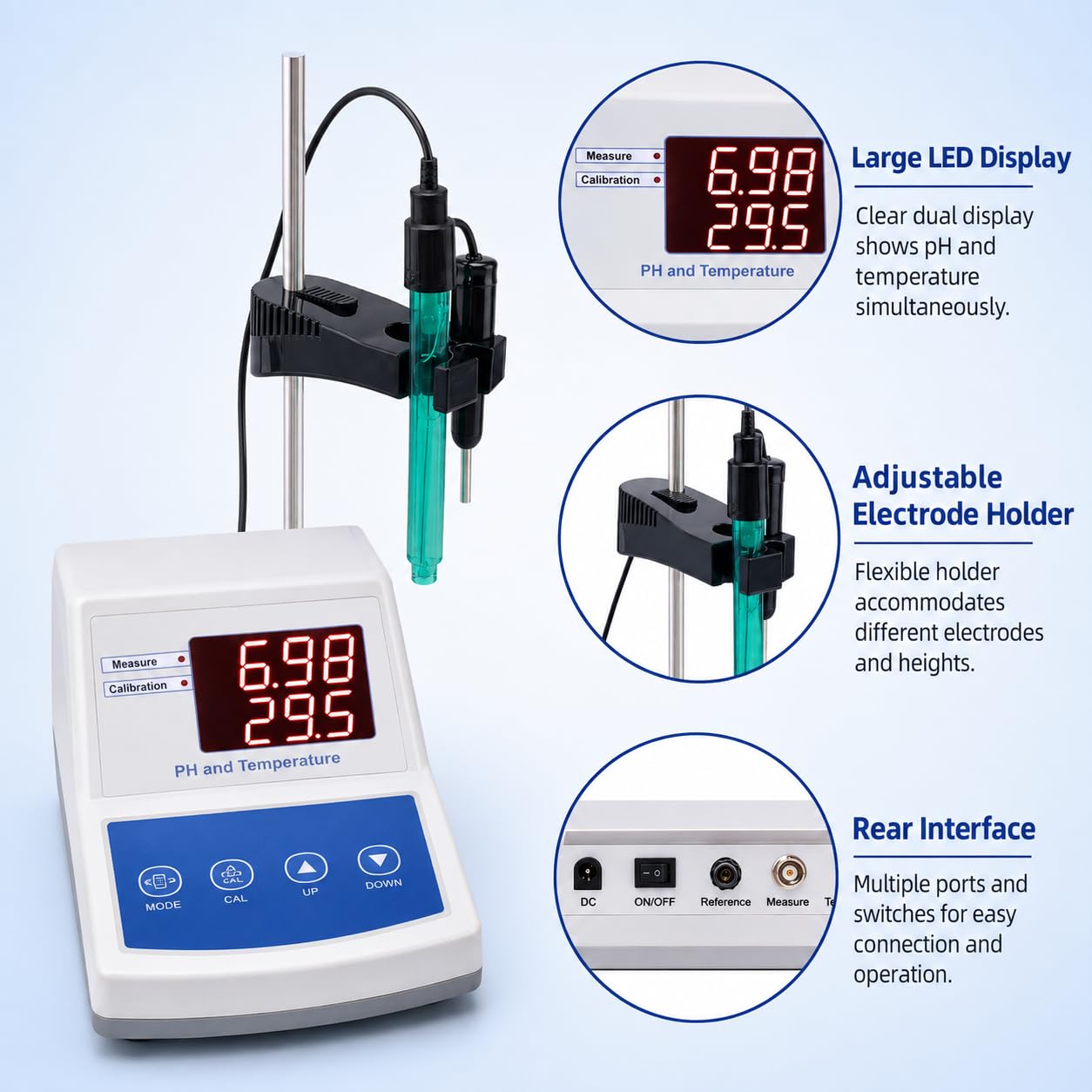 Medidor de pH digital para laboratorio, precisión de pH ± 0,01, calibración automática de 2 puntos con electrodos de pH y temperatura, perfecto para pruebas de agua