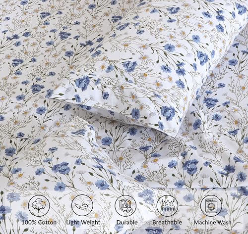 RUVANTI 100% Cotton Split King Sheets Sets for Adjustable Bed, 5 PCs, Soft & Breathable Percale Weave Bedding, Deep Pocket 16", Hotel Standard, Crisp Cool Feel & Durable, Floral Sheet, Sweet Pea