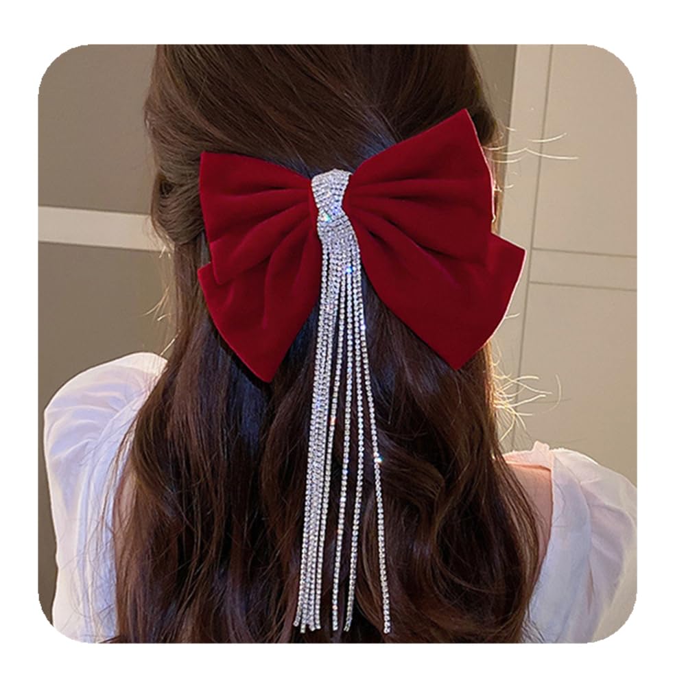 YERTTER Dainty Long Tassel Rhinestone Velvet Bow Hair Clips Set of Clips Hair Tie for Women's and Girls' Hair (Red)