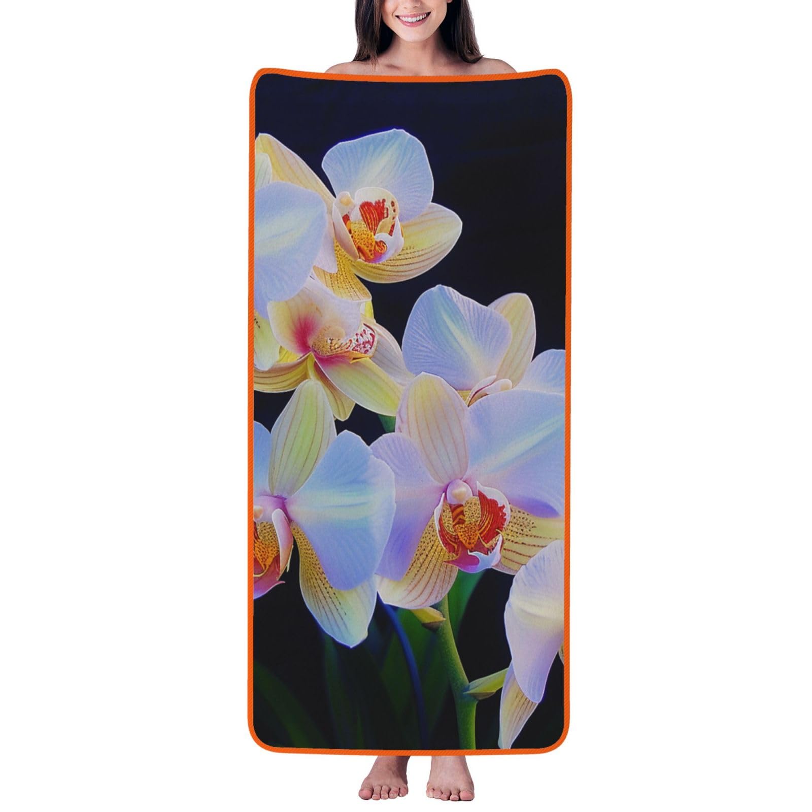 WPKJU Orchids Print Printed Bath Towel with Orange Edging - 27x55 in Soft Extra Absorbent Coral Velvet Shower Towels for Bathroom
