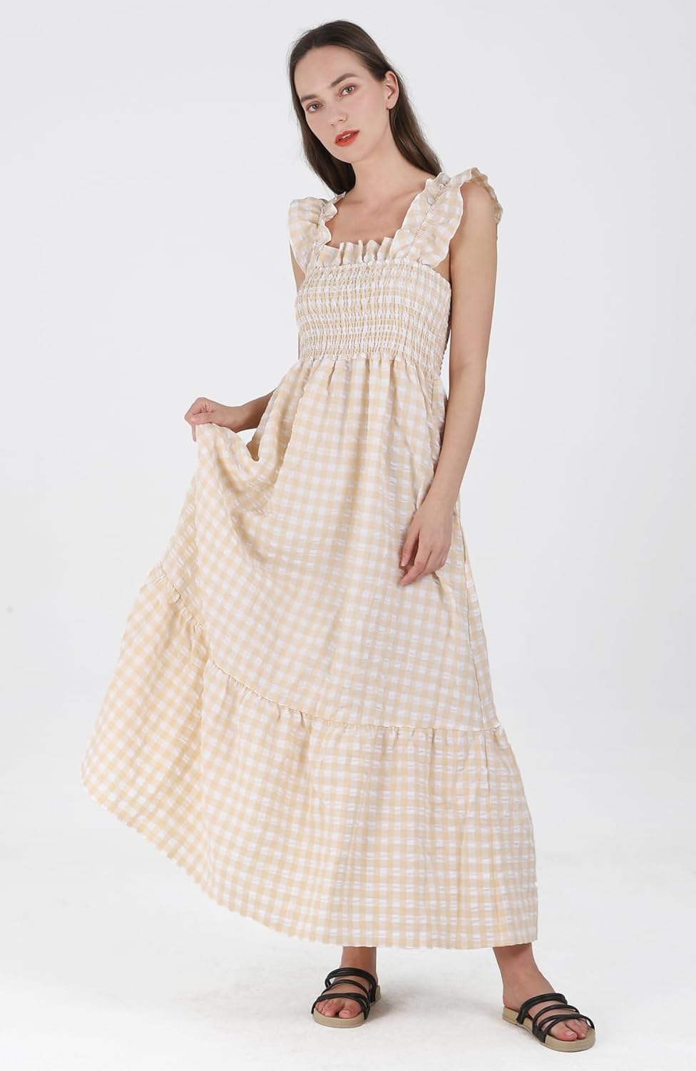 Women's Sleeveless Strap Retro Plaid A-Line Smocked Maxi Long Dress with Ruffled Hem - Image 2