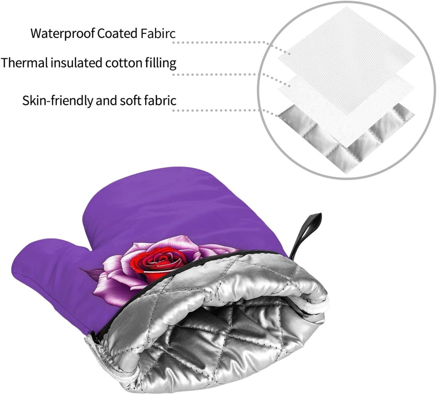 Fuchsia Rose Oven gloves and heat-resistant mat 4-piece set. Suitable for grilling, microwave oven frying, and baking