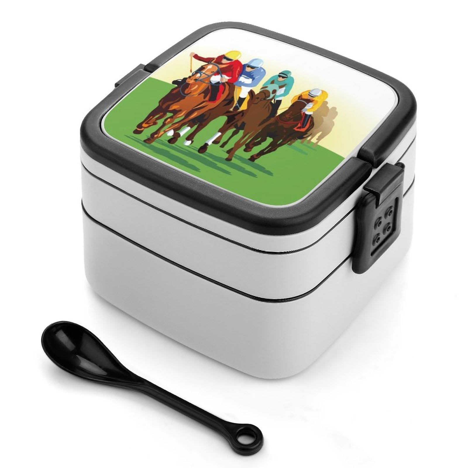 CGSBNGHA Horse Racing Cartoons Bento Lunch Box 2 Layer Lunchbox Food Container for Adults Office