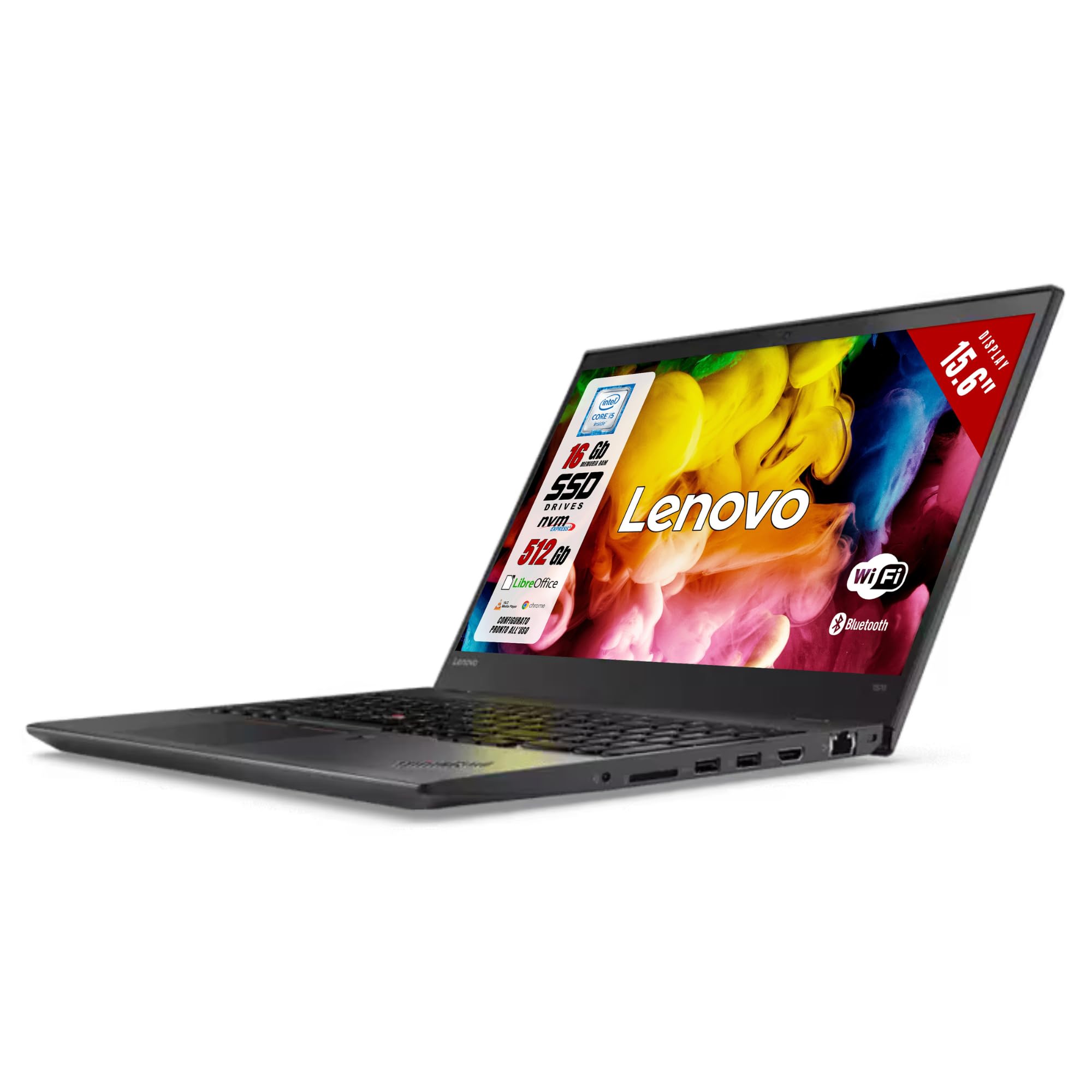 Lenovo ThinkPad, Pc Portatile Intel i5-6300U 2 Core 2.4Ghz, Ram 16Gb SSD 512Gb, Display 15.6" HD, Notebook Pronto all'uso con Libre Office (Ricondizionato)