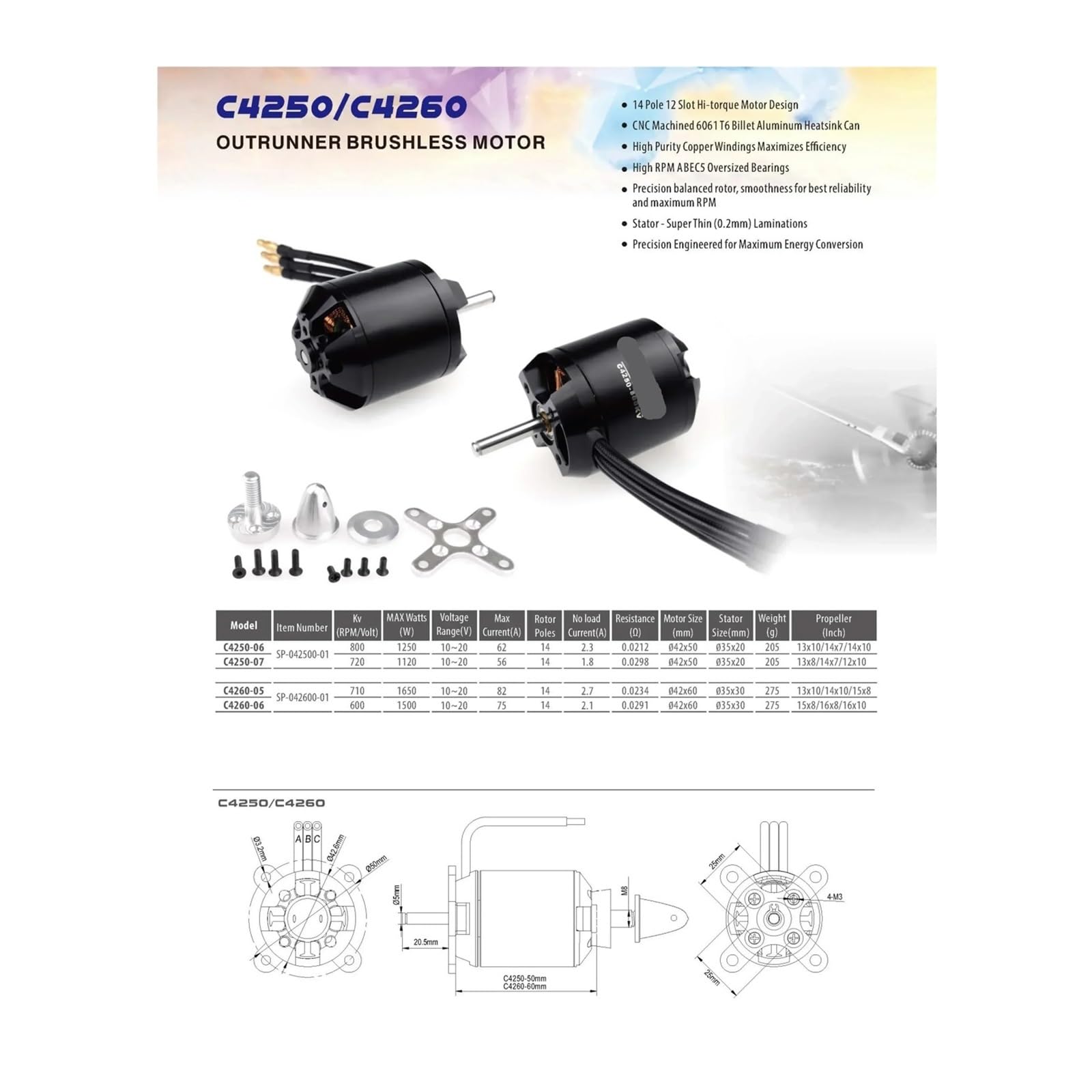 Motore brushless, compatibile con SURPASS HOBBY, aereo RC | Motore outrunner per drone ad ala fissa, racer e quadricottero con corpo in metallo e connettore(C5065 335KV)