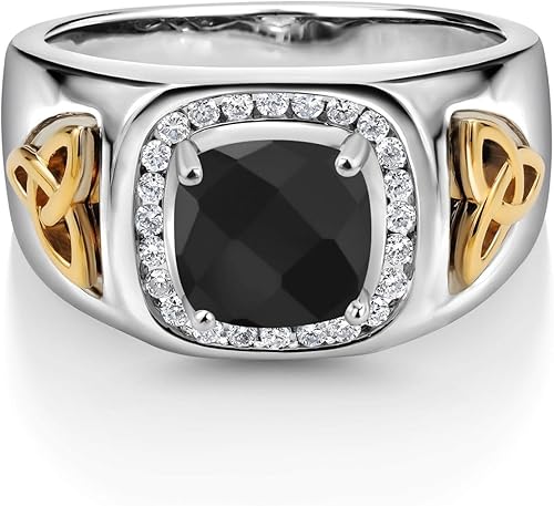 Miniatura 3 de Gem Stone King 8MM Cushion Cut Ring for Men Gemstone Birthstone and Lab Grown Diamond 925 Sterling Silver & 10K Yellow Gold Available in Sizes