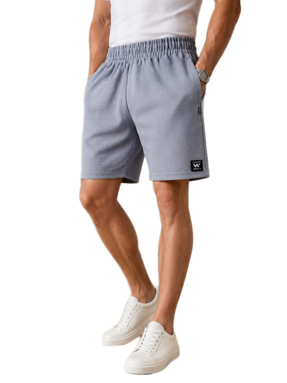 jogal Men's Casual Waffle Shorts in Sky Blue, Size 38, Polyester Drawstring Elastic Waist with Pockets |STYL 203-picture-21