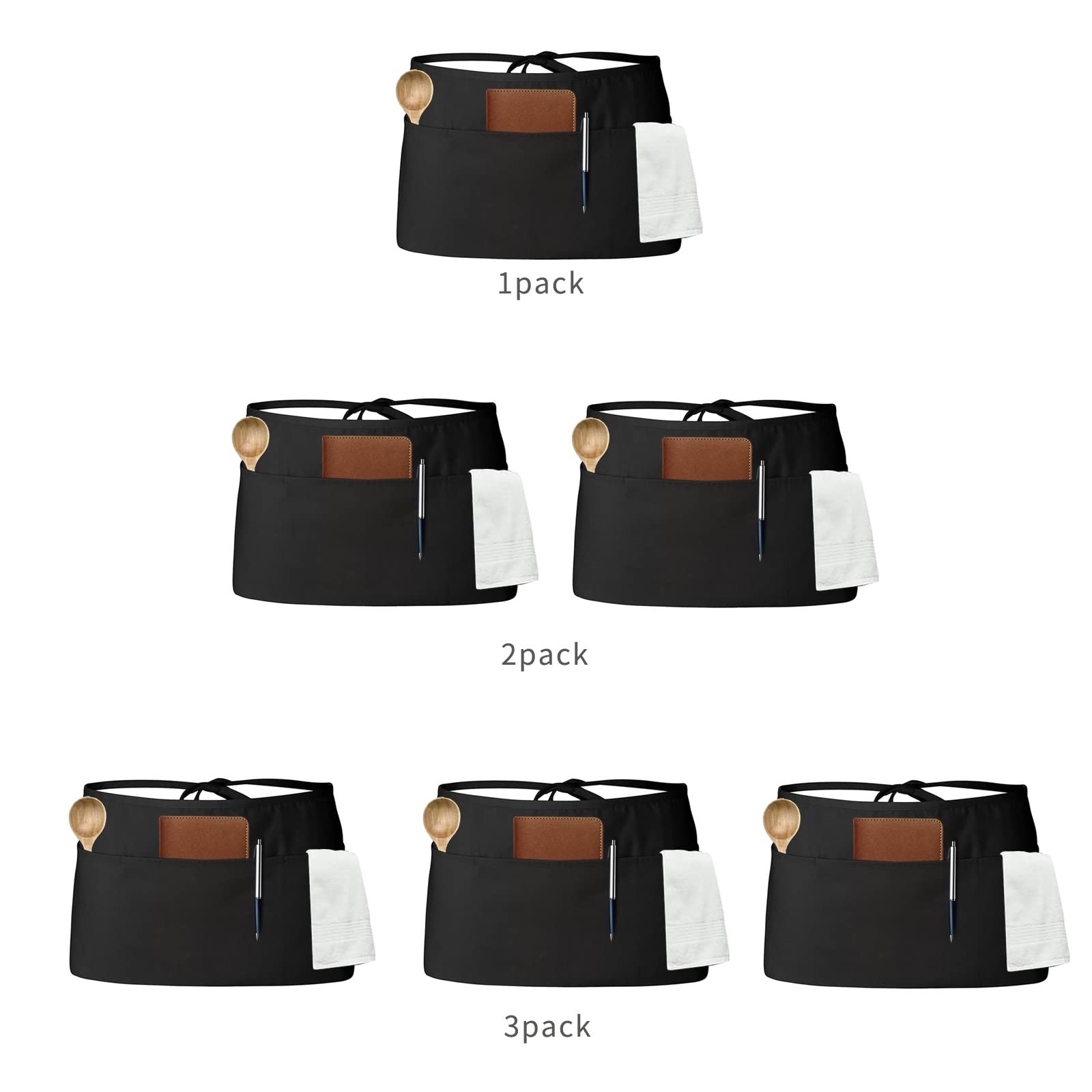Tosewever Delantales de camarero con 3 bolsillos, delantal de cintura para camarera para mujeres y hombres, restaurante, hogar, color negro, medio delantal