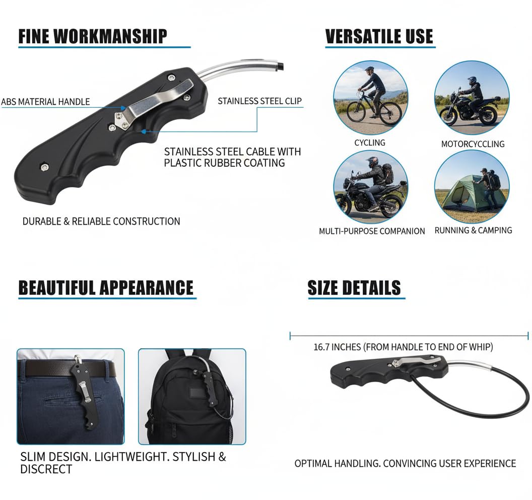Frusta per Autodifesa, Rompivetro Portatile 16,7 pollici, Frusta Multiuso per Bicicletta, Manico in ABS, Corda in Acciaio Inossidabile, Allenamento di Arti Marziali Adulti Whip, Fitness, Bodybuilding