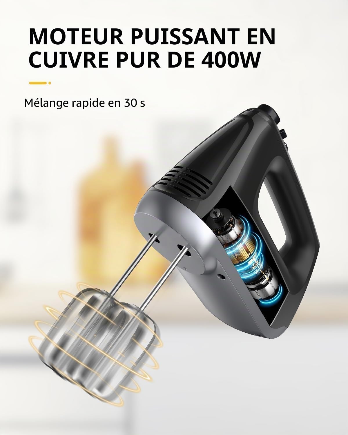 Mixeur plongeant électrique à main, 6 niveaux, turbo, sans éclaboussures, mixeur plongeant avec boîte de rangement, 5 accessoires en acier inoxydable, noir, moteur silencieux de 400 W