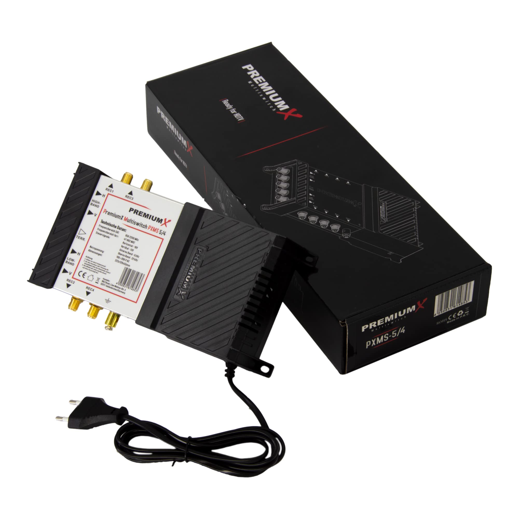 Premium X PXMS Multiswitch 5/4 con alimentador - Distribuidor de señales satelitales para 4 usuarios - Compatible con Digital HDTV FullHD 4K UHD 8K