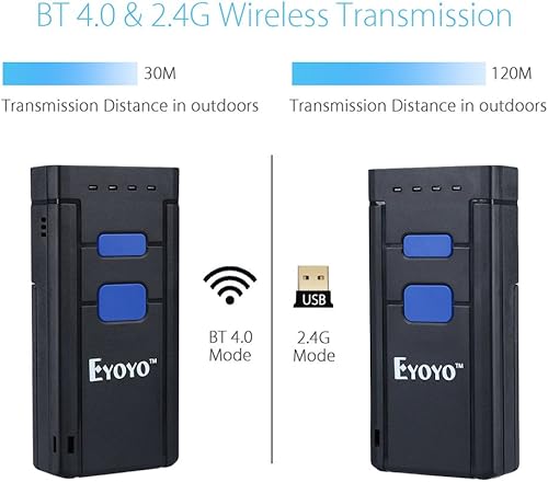 Miniatura 2 de Eyoyo Mini escáner de código de barras inalámbrico 1D Bluetooth, Bluetooth 3 en 1 y conexión inalámbrica y cableada 2.4G, lector de código de barras