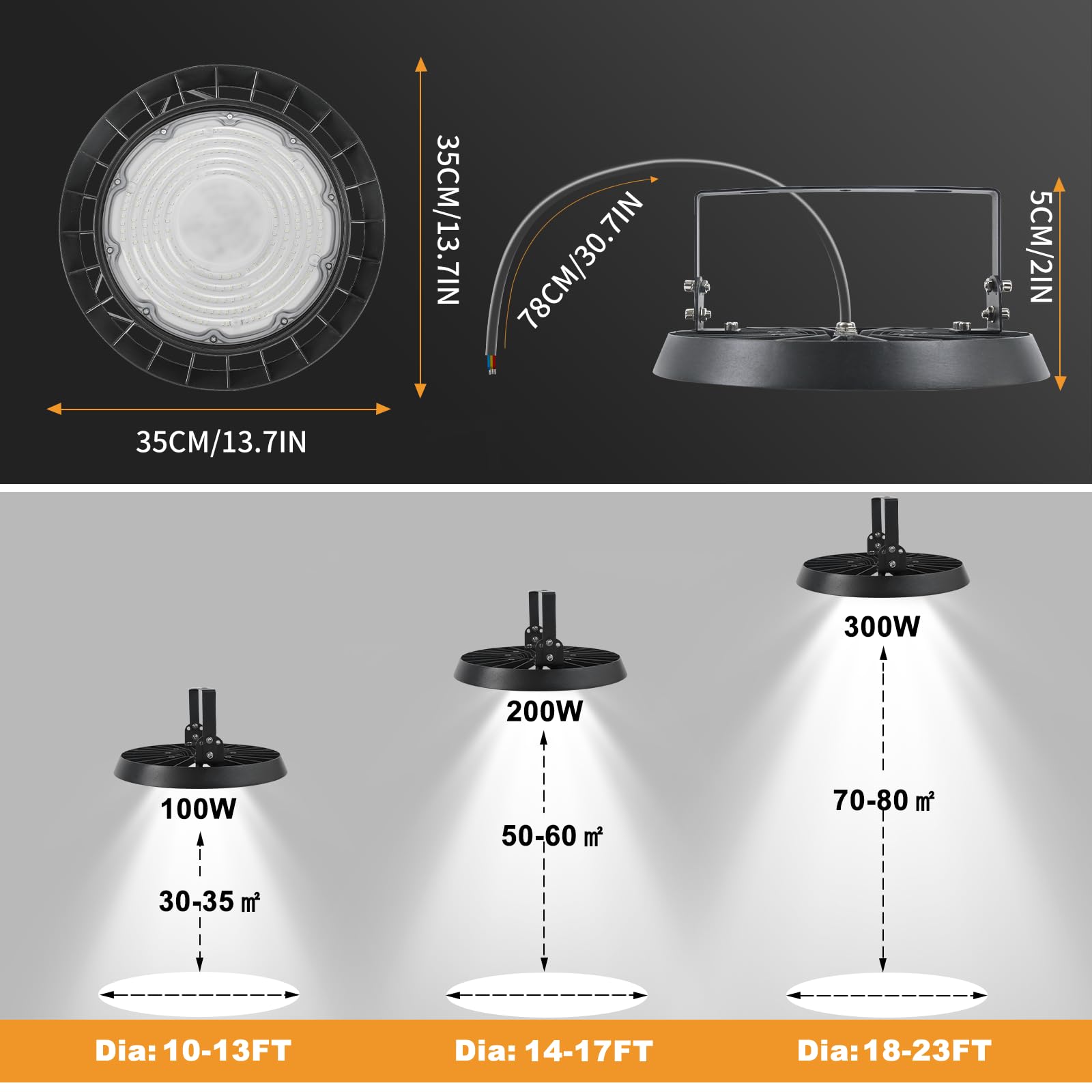UFO LED Naves Industriales 300W Lámpara de Alta Bahía, 30000LM Foco IP65 6500K Impermeable para Patio, Garaje, Fábrica, Taller