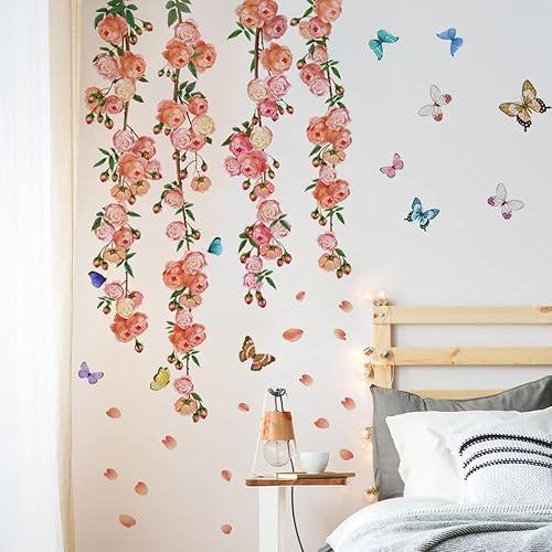Miniatura 2 de Runtoo Calcomanías artísticas de pared de rosas de vid de flores, calcomanías de pared florales de peonía para sala de estar, dormitorio de niñas,