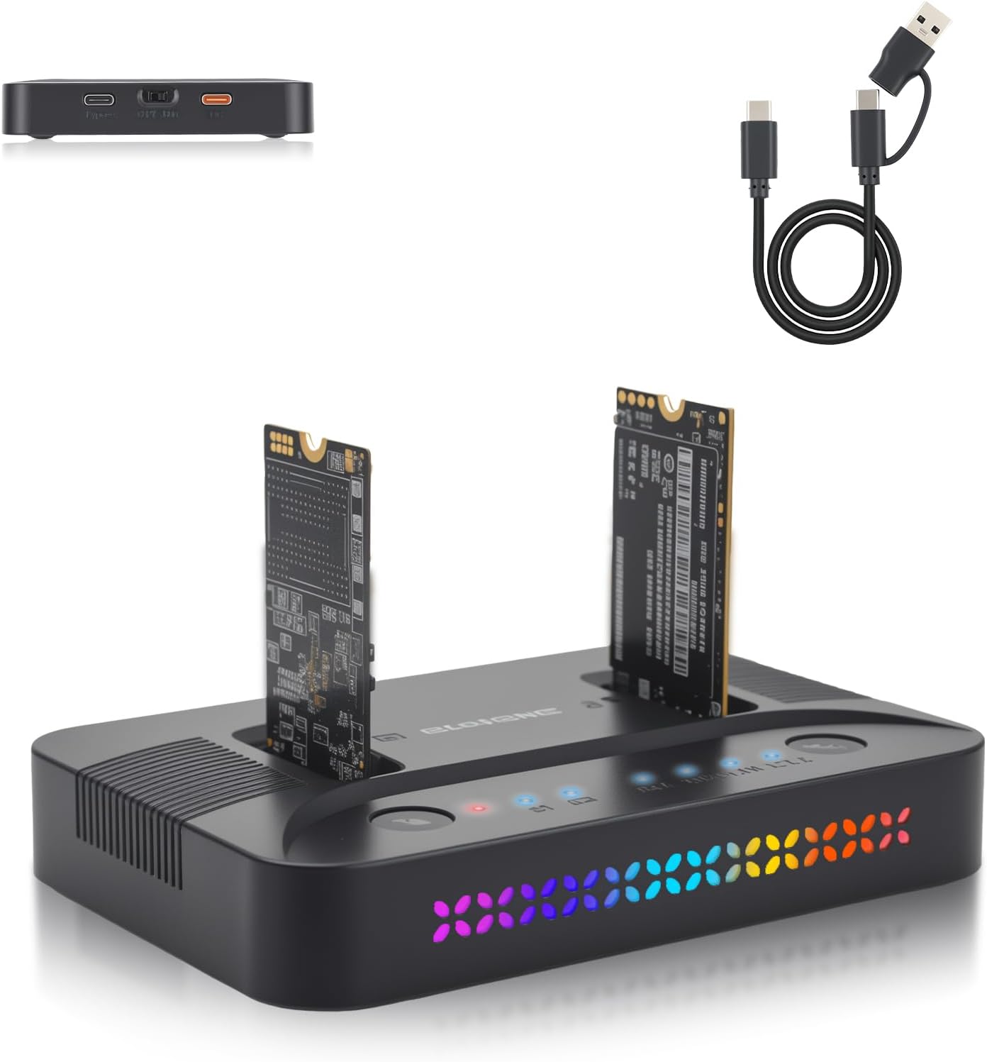 ELUTENG Dual-Bay Dual-Protocol Hard Disk Copy/Clone Type-C Mobile Hard Disk Base Tool-Free 10Gbps Speed USB 3.1 Includes 9210CDP Chip with 2-in-1 Wire and USB to Type-C Power Cable