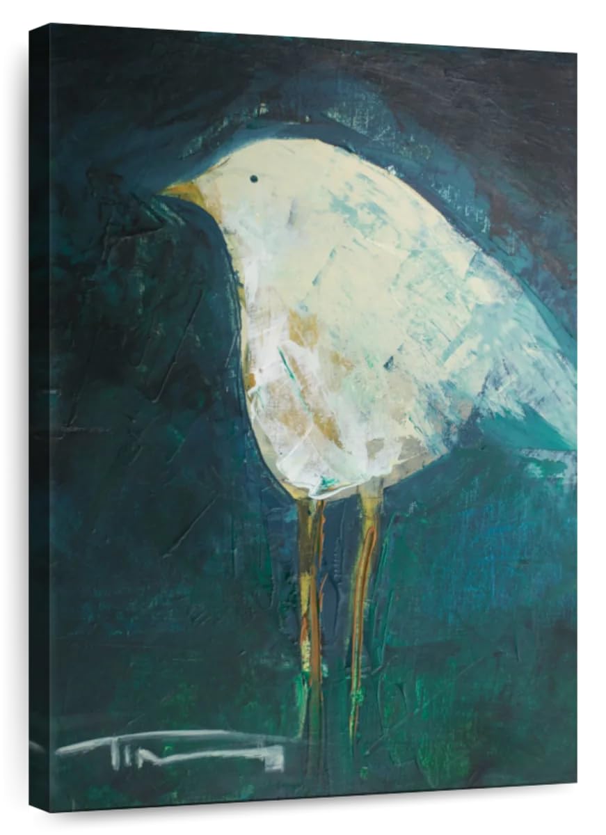 ElephantStock - Waiting Bird Wall Art - Vertical Canvas Wall Art - Living Room Wall Decor - Painting Bird Canvas Art - Beige And Teal Decor by Tim