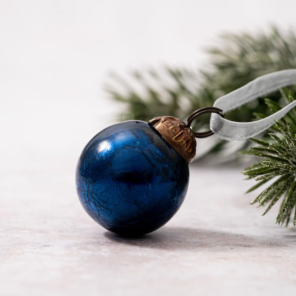 Arthur Cameron Old Navy - Set Of 6 1" Hand-Blown Crackle Glass Mini Christmas Baubles - 3Cm Tiny Baubles With Bronze Caps & Organza Ties - Small Christmas Tree Decorations