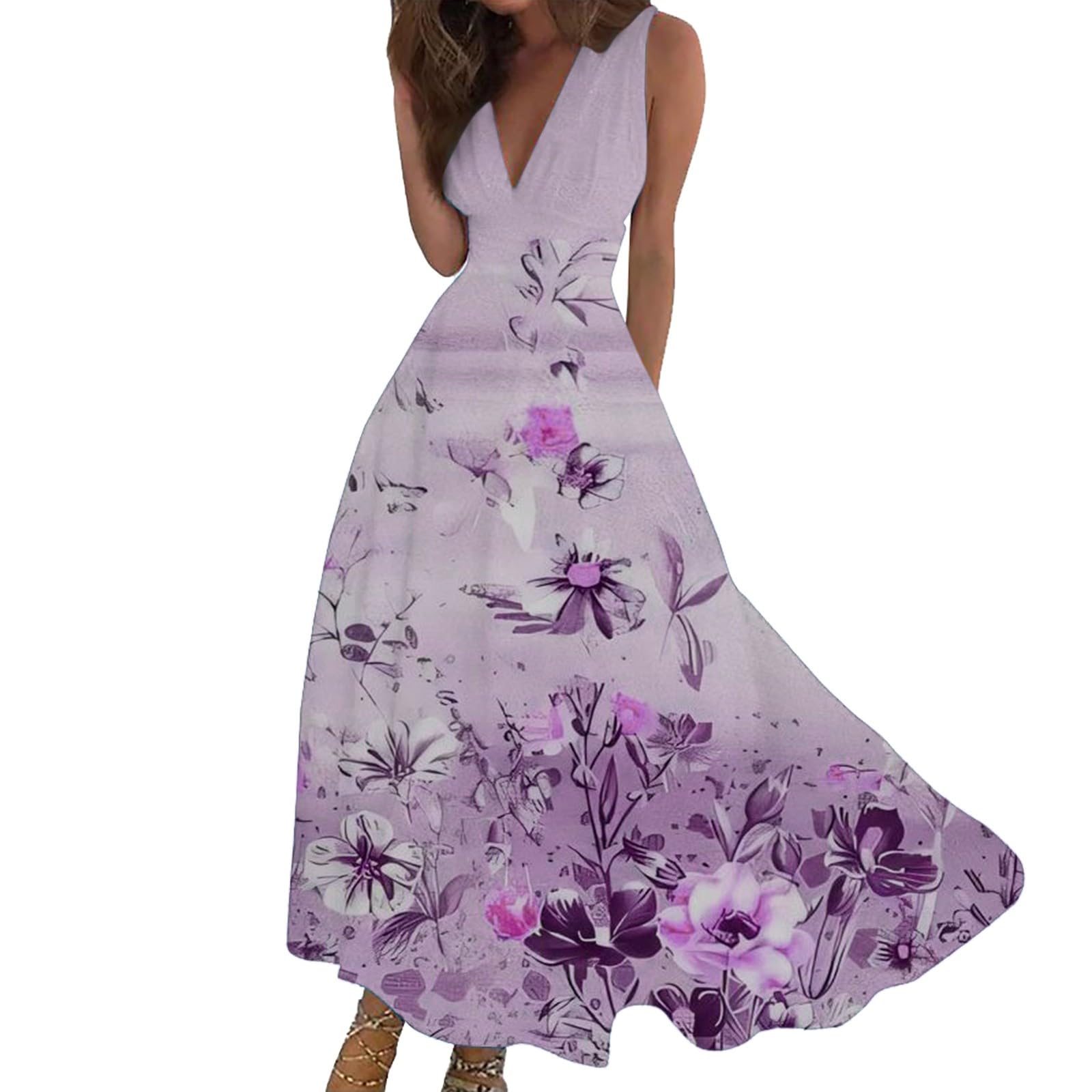UnoSheng Vestido para invitados de boda Vestidos de verano para mujer, 2024, primavera y verano, elegante vestido cruzado con cuello en V, vestido maxi sin mangas, estampado floral de moda, fiesta de