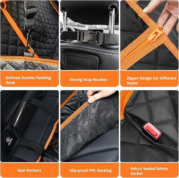 Image of 6-in-1 Dog Car Seat Cover for Back Seat, Waterproof Dog Car Hammock with Mesh Window, Non-Slip Pet Backseat Protector for Cars, Trucks and SUVs(Orange, 6 in 1 Dog CAR SEAT Cover)