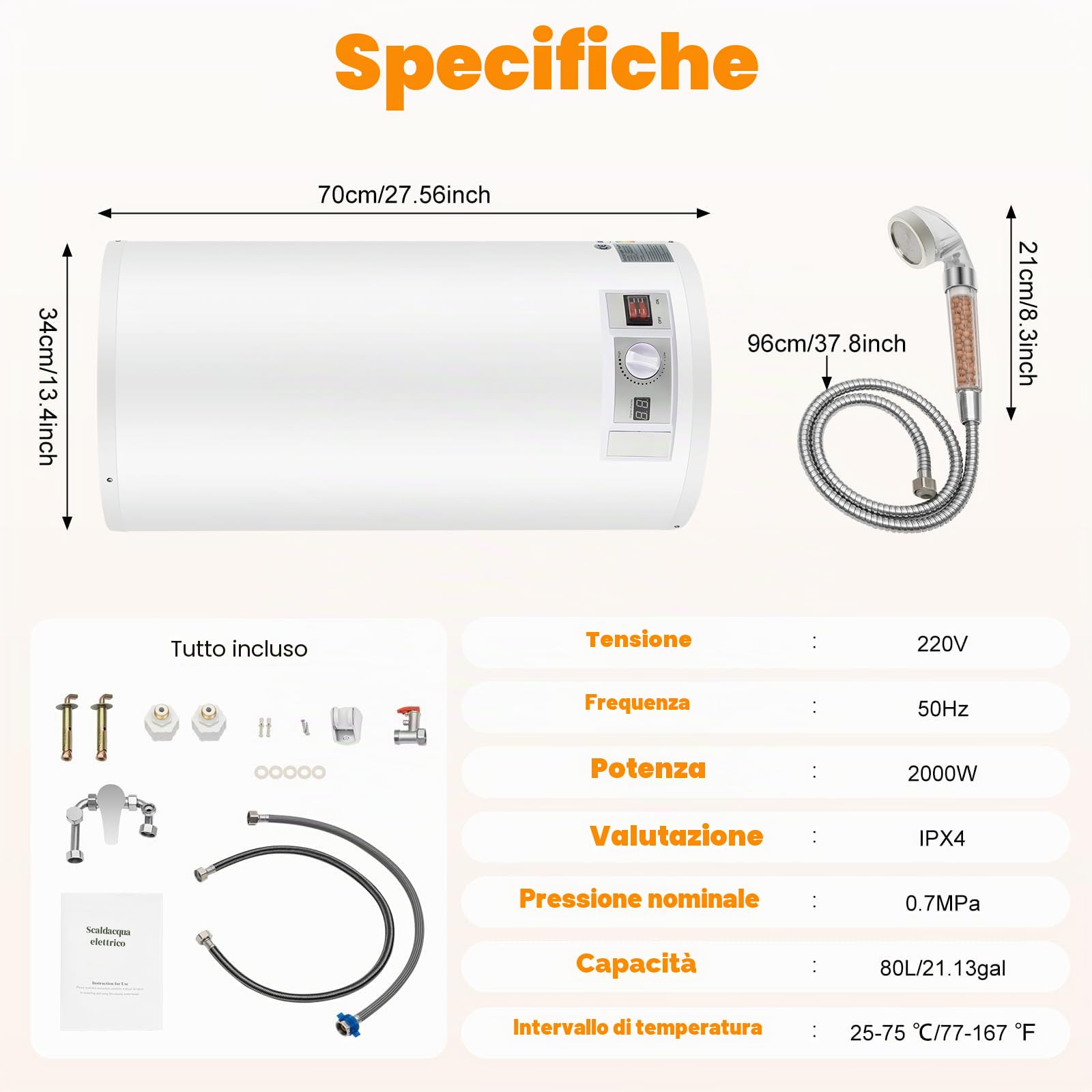 Scaldacqua elettrica istantanea da 50 l, scaldabagno elettrico da 2000 W, scaldabagno, 71 x 34 cm, con set doccia, 25 – 75 ℃, per cucine, WC, appartamenti