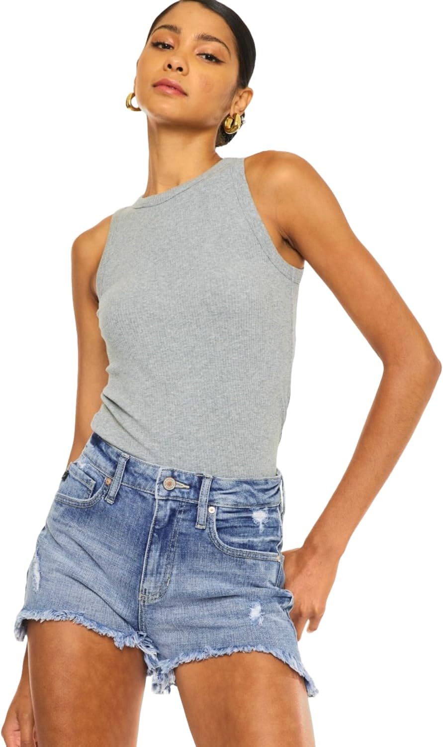 Kancan Raw Hem Distressed High Waist Denim Shorts