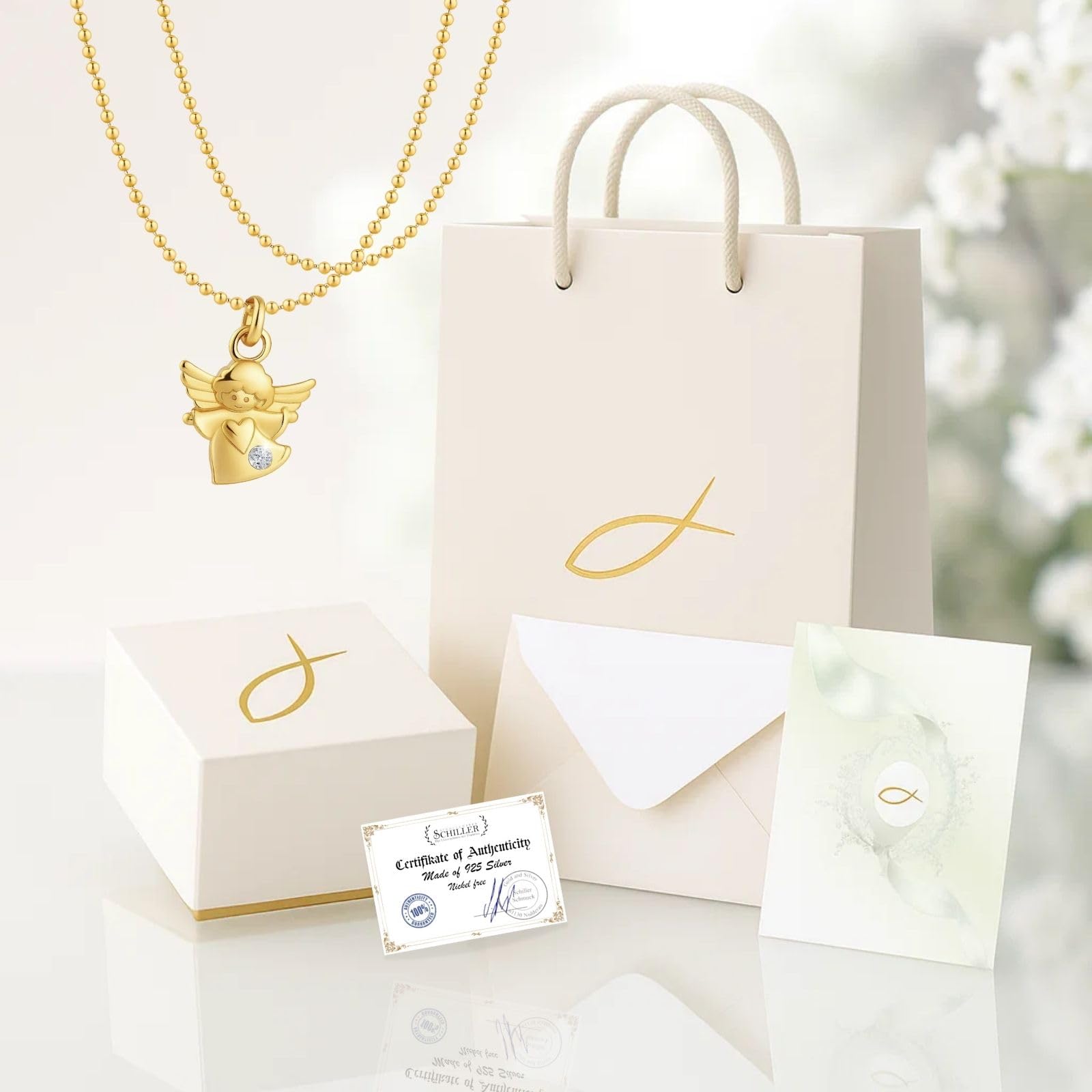 fish Cadena para bautizo para niña/niño de plata/oro, ángel de la guarda, colgante de ángel, collar para niños, joya para bautizo, regalo de nacimiento, tarjeta y caja de regalo