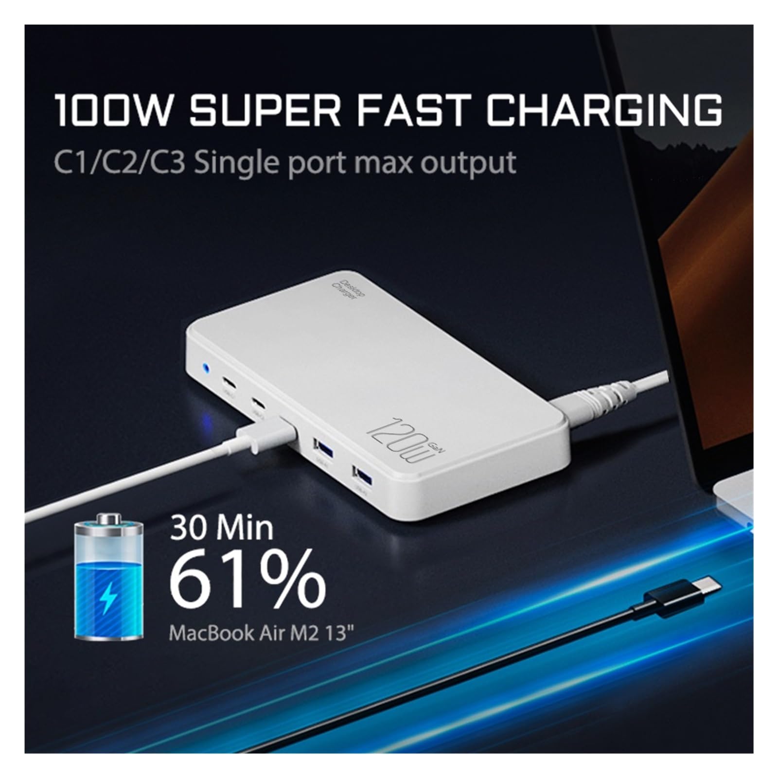 Stacja Ładująca USB C O Mocy 120 W. 5-portowa Ładowarka GaN. Hub Ładujący Do Wielu Urządzeń Laptopa MożLiwość Szybkiego łAdowania(White)