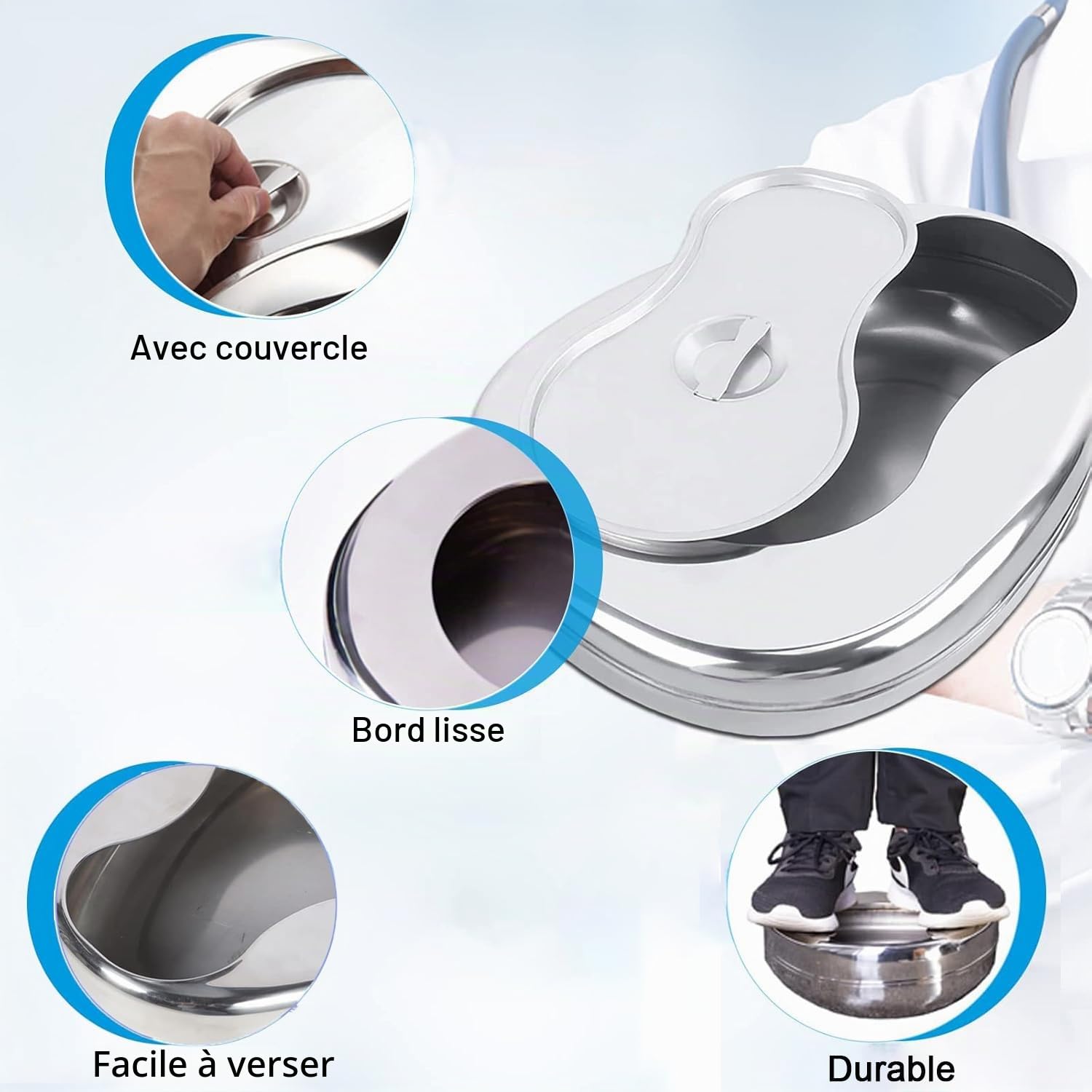 Bassin hygiénique en acier inoxydable, avec 60 Protège-bassins hygiéniques jetables et Protections absorbantes, Bassin de Lit avec couvercle