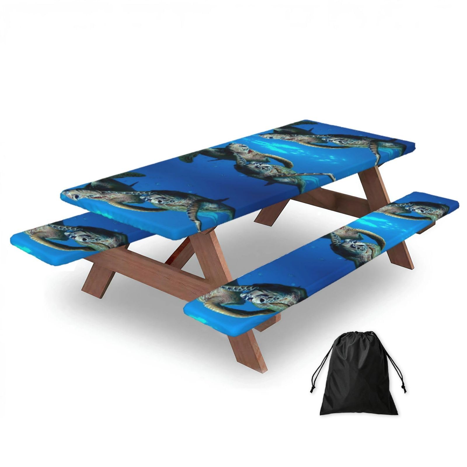 EZDLOWVBA Two Submarine Turtles Under The Sea Print Picnic Table Cover With Bench Covers Waterproof Fitted Picnic Table Outdoor Elastic Picnic Tablecloth Outdoor Camping Essentials(3pcs)