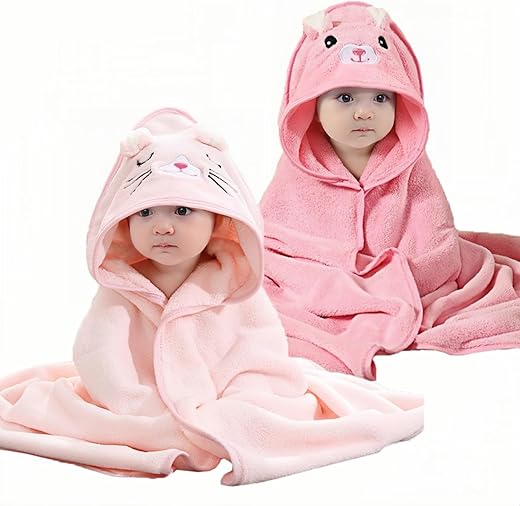 Hooded Baby Bath Towels Set – 2 Pcs, Coral Velvet, 31