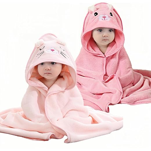 2Pcs Hooded Baby Bath Towel, 31 * 31 in Toddler Bath Towels Set for Newborn Babies, Coral Velvet, Organic Infant Kids Boy Essentials1-3 (Pink Cat+Pink Rabbit)
