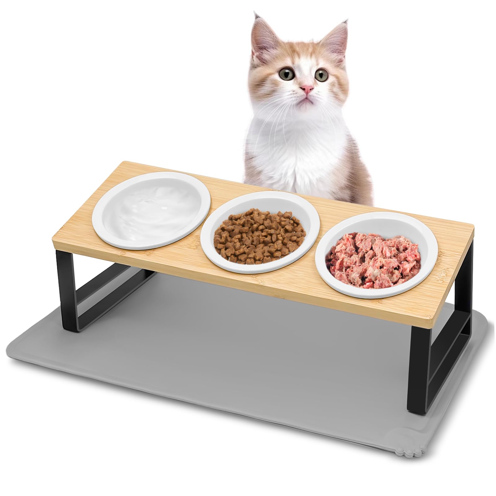 Avmvnvc Set de 3X Comedero Gato Elevado, Comedero Perro Ceramica, Comederos para Gatos Inclinado 15° con Antideslizante Alfombrilla, Cuenco Gato Antivómitos, Comederos y Bebederos para Gatos y Perros