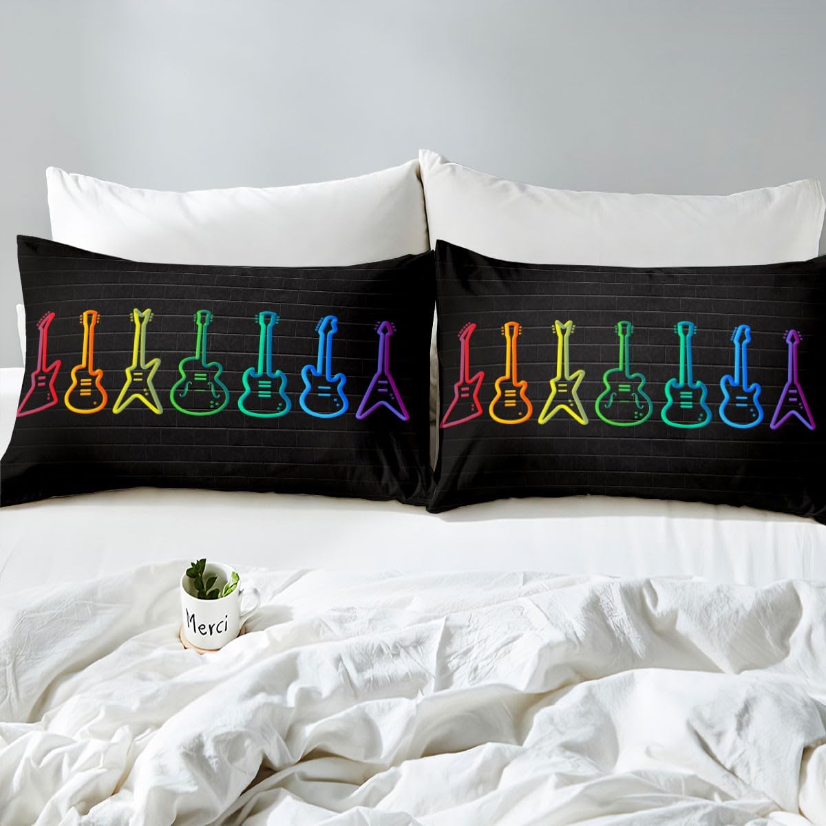 Homewish Glowing Guitar Bed Set for Kids Teen Adults Neon Guitars Duvet Cover - Image 4