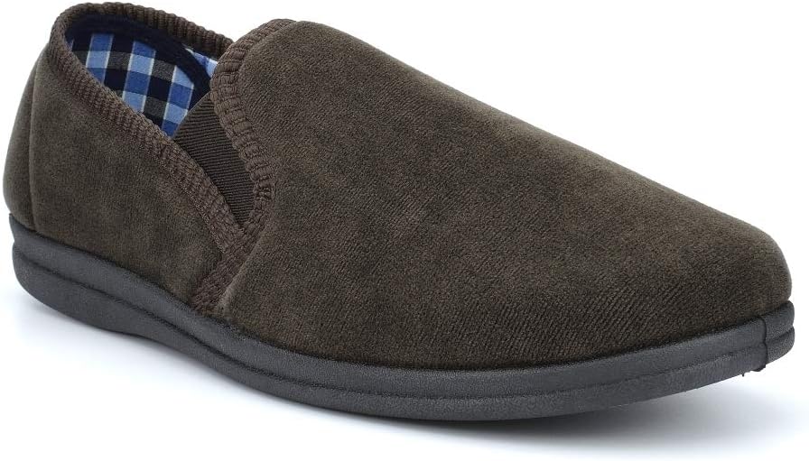 Sleepers Mens Memory Foam Carpet Slippers With Checked Textile Lining Brown