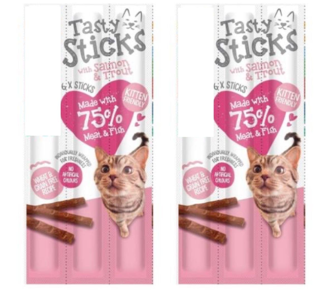 Tasty Sticks Cat Treats with Salmon & Trout (Pack of 2 x 30g) Kitten Friendly 12 Sticks Wheat & Grain Free Recipe