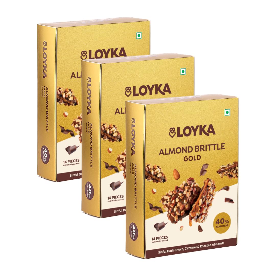 LOYKA Almond Brittle Gold Choco Box - 3 Packs X 14 Pcs|Premium Chocolate Gift Hamper|Choco & Nut Dryfruit Delicacy|Roasted California Almonds (40%),Dark Choco,Salted Caramel,Any-Time Snack - 612 Gm
