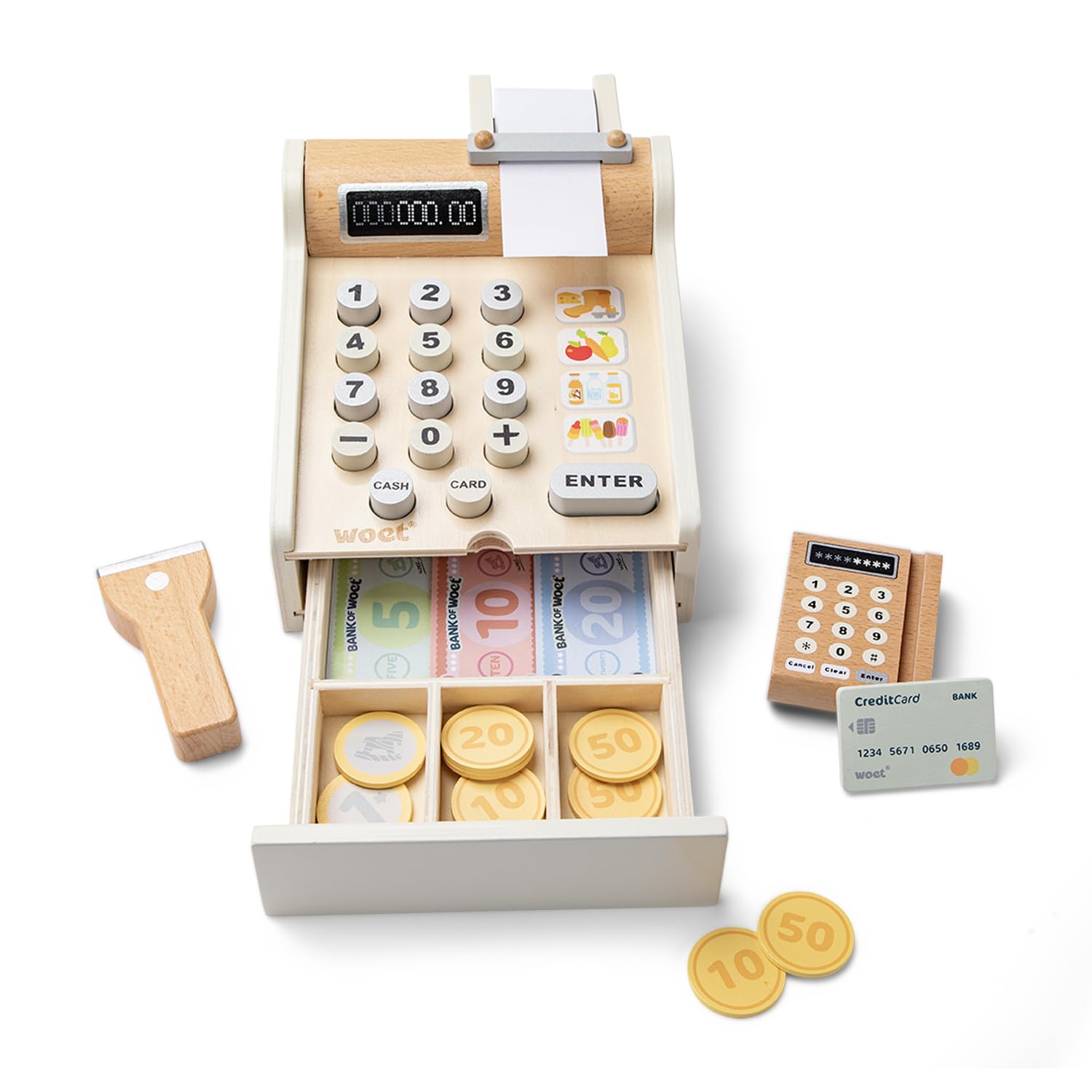 Woet® Caisse enregistreuse Jouet Blanc en Bois pour Enfants - Jouet Marchande avec Scanner et Lecteur de Carte - Set de Caisse d’Imitation - À Partir de 3 Ans