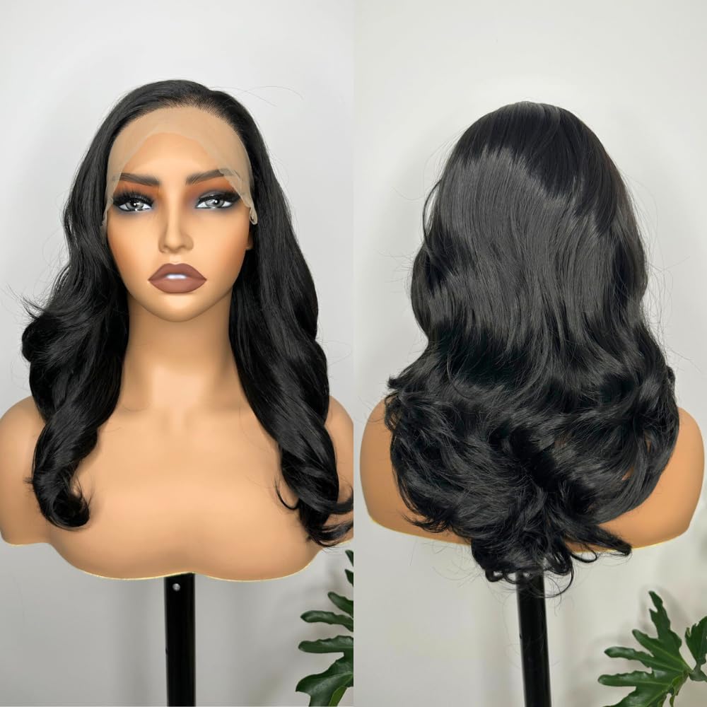 LOLYDEER 13X6 Body Wave Lace Front Wigs Black Wavy Synthetic Lace Front Wig HD Glueless Lace Wigs Pre Plucked Natural Hairline With Baby Hair 18 Inch