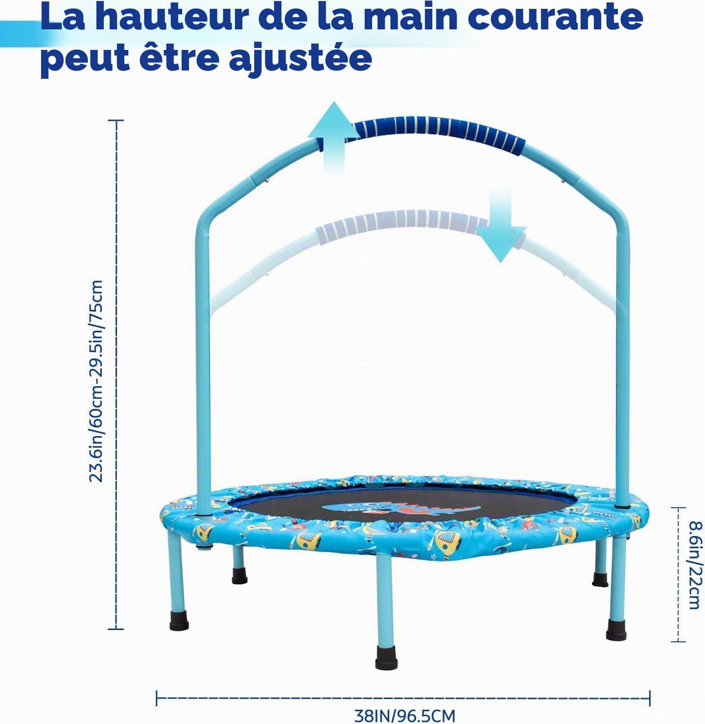 '38'' Trampoline for Kid Noise-Free Trampolines with Adjustable Foam Handle and Safety Padded Cover Foldable Toddler Bouncer Indoor & Outdoor Bungee Rebounder Trampoline for Child Play and Exercise'